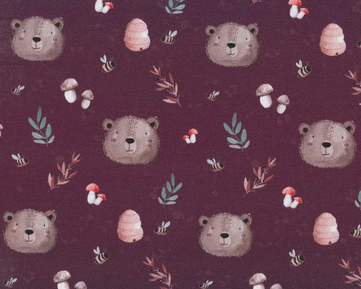 Baumwollsweatstoff AUTUMN FOREST, Honig-Bär, aubergine, Christiane Zielinski
