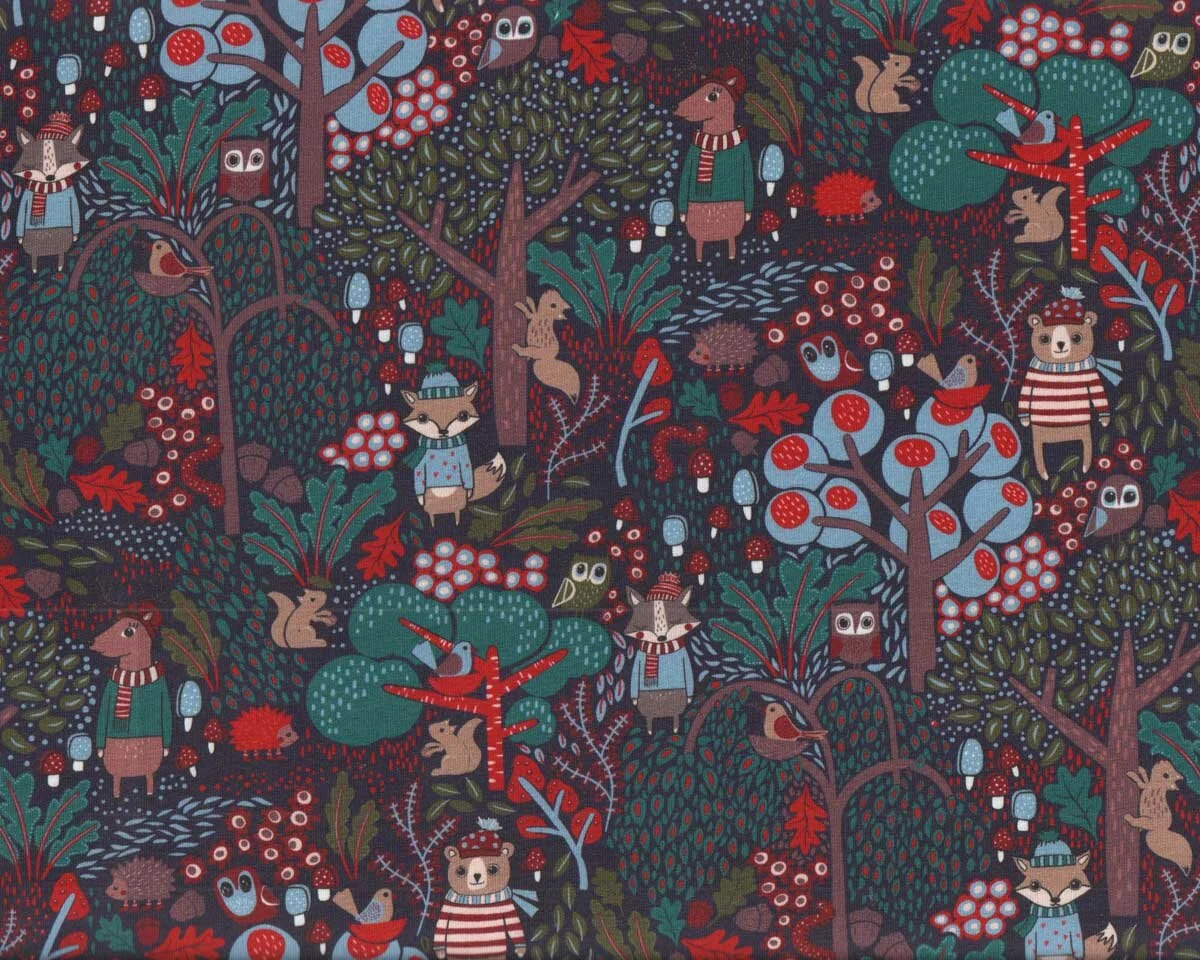 Baumwollsweatstoff IN THE WOODS, Waldtiere, bienvenido colorido