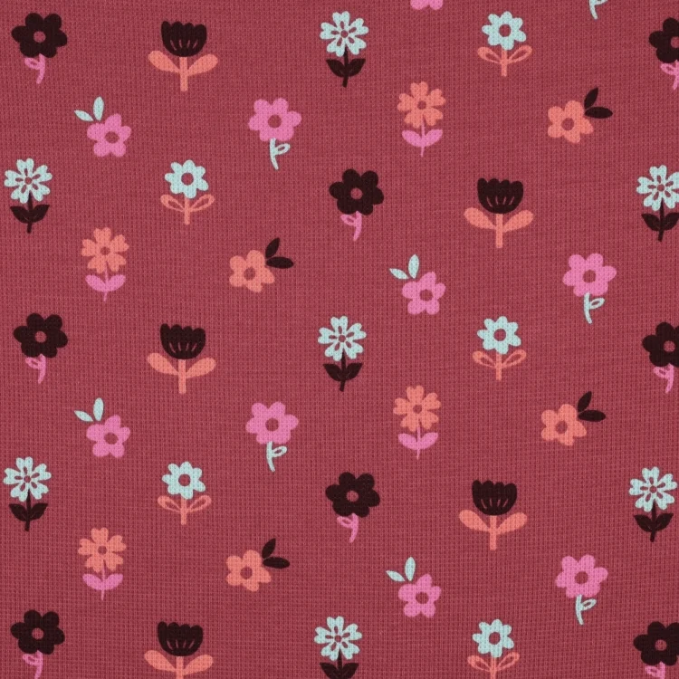 Baumwollwaffeljersey Cute Flowers, dunkelrot