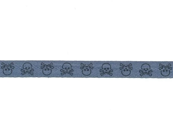 Bedrucktes Köperband TOTENKOPF, 1 cm breit, jeansblau