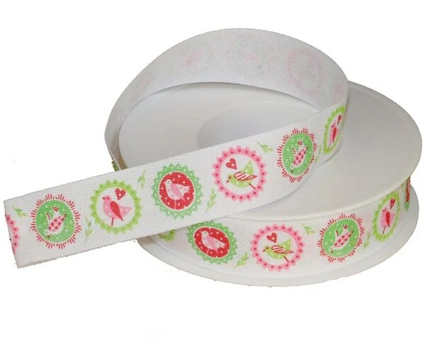 Bedrucktes Köperband VOGELKREISE, 2,5 cm breit, weiß-rosa-hellgrün