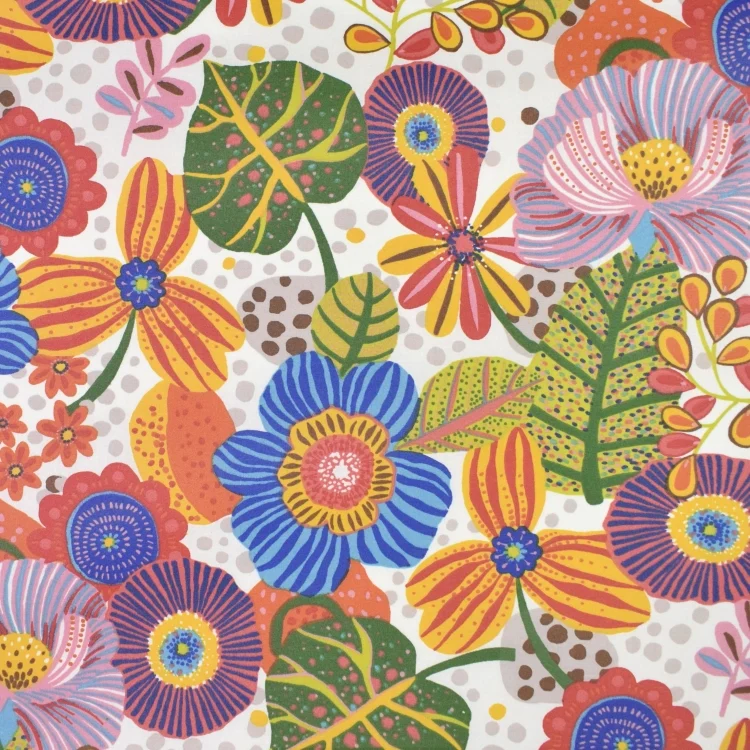 Beschichtete Baumwolle Flowers and Leaves, weiß