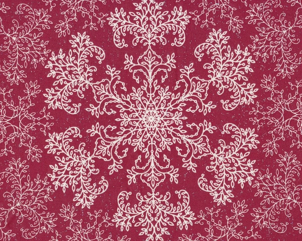 Beschichteter Baumwollstoff, Laminat mit Glitzer DORURE, Schneekristalle, dunkelrot