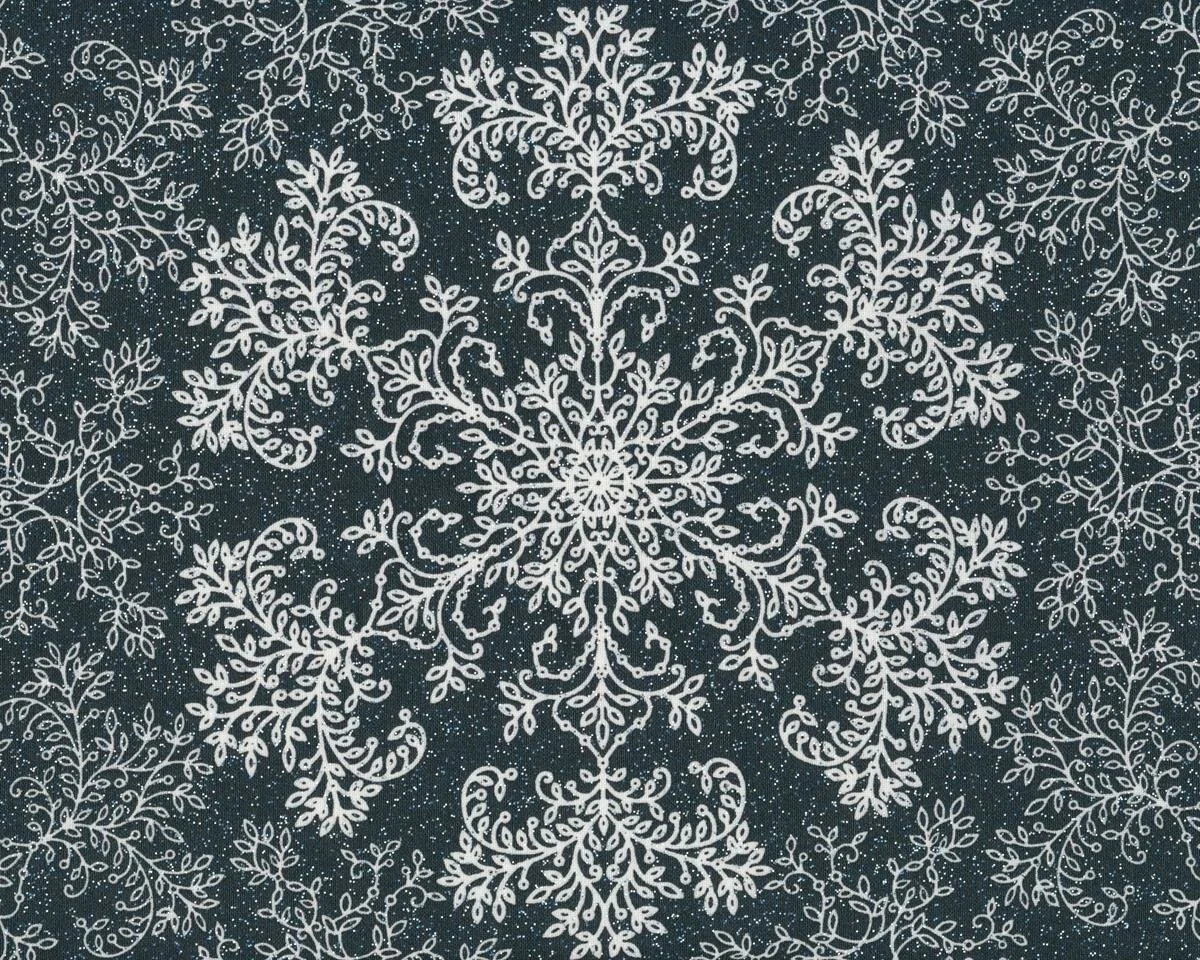Beschichteter Baumwollstoff, Laminat mit Glitzer DORURE, Schneekristalle, schwarz