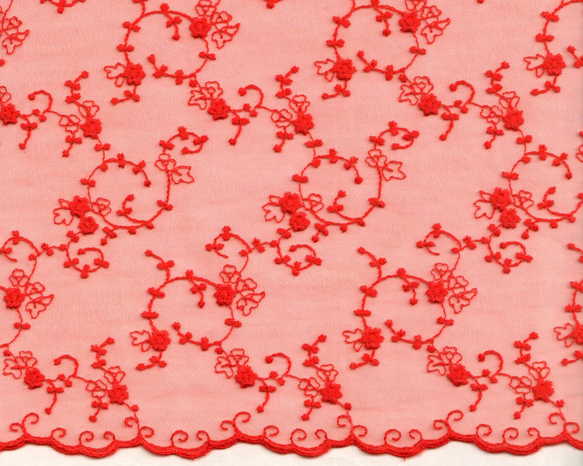 Bestickte Tüllspitze FLEUR mit Bogenkante, Blumen, rot