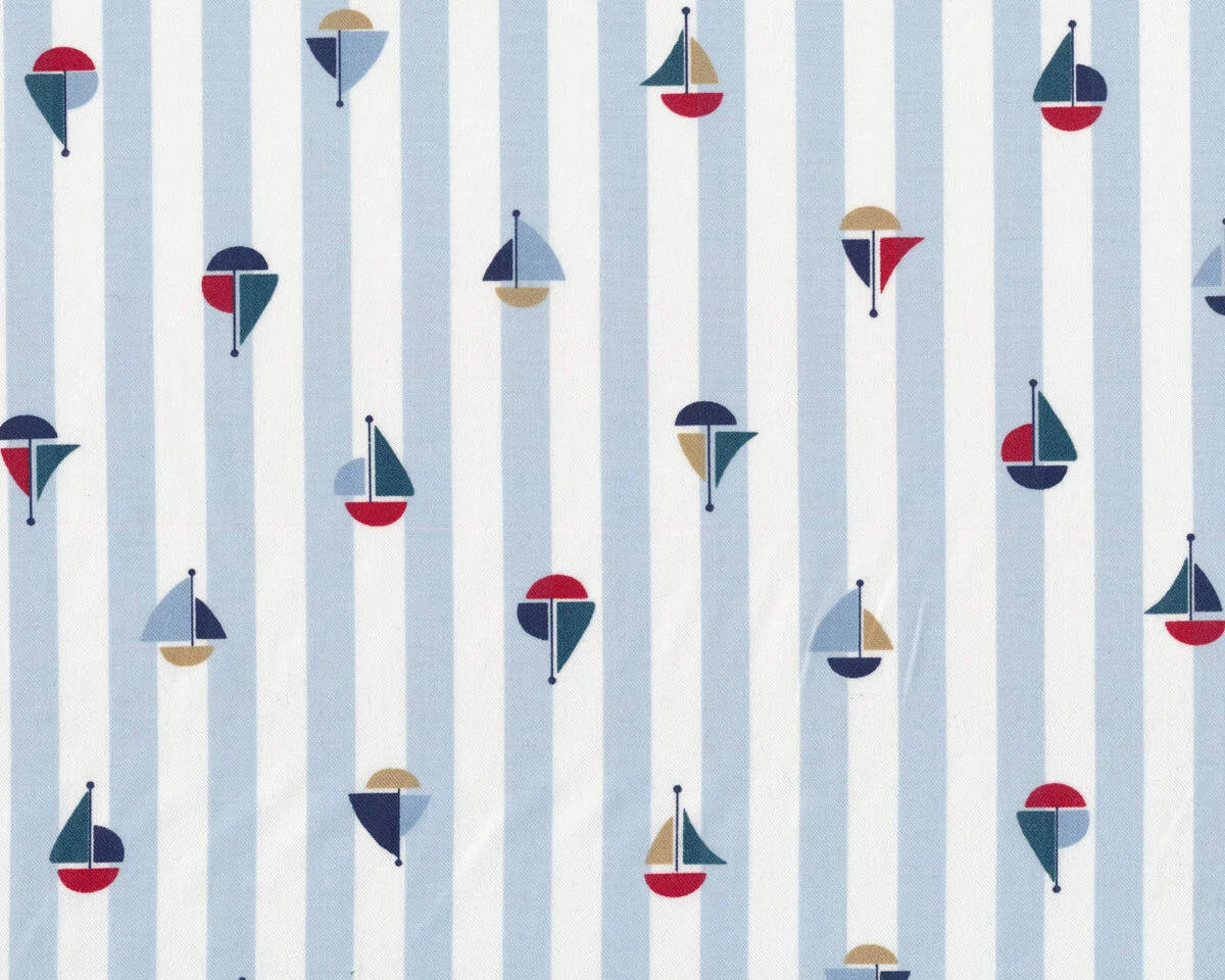 Bio-Baumwollstoff BATEAU, Streifen mit Segelbooten, hellblau, Hilco