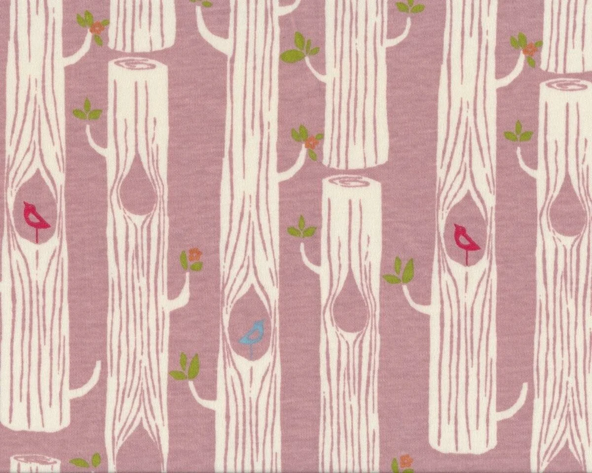 Bio Interlock Organic Cotton TREE TRANK, Baumstämme mit Vöglein, altrosa-cremé
