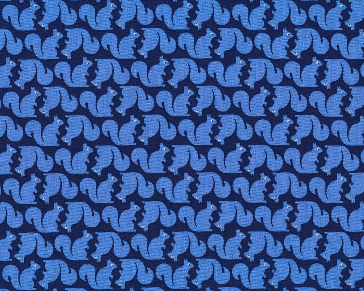 Bio-Patchworkstoff SQUIRREL, Eichhörnchen, dunkelblau-jeansblau