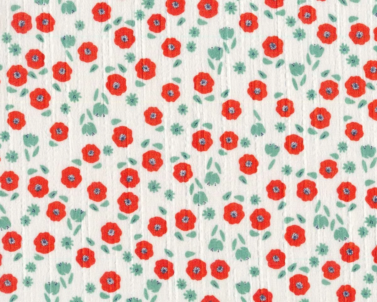 Blasenkrepp-Musselin BIMBI, Mohnblumen, weiß-rot, Hilco