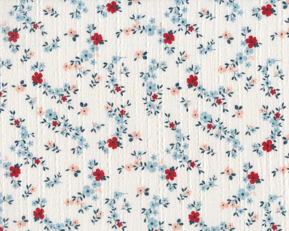Blasenkrepp-Musselin SUFLE, Blümchen, weiß-blau, Hilco