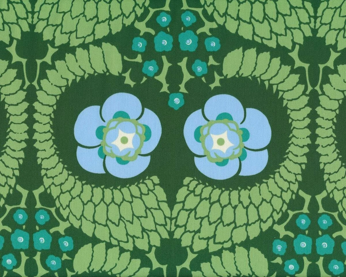 Dekostoff, Baumwollsatin VIOLETT SATEEN, Blüten-Augen, moosgrün-hellblau