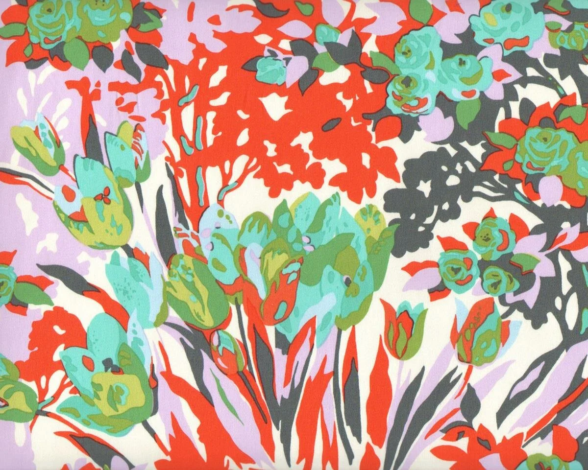 Dekostoff, Baumwollsatin VIOLETT SATEEN, Rosen und Tulpen, kräftiges aprikot-helllila