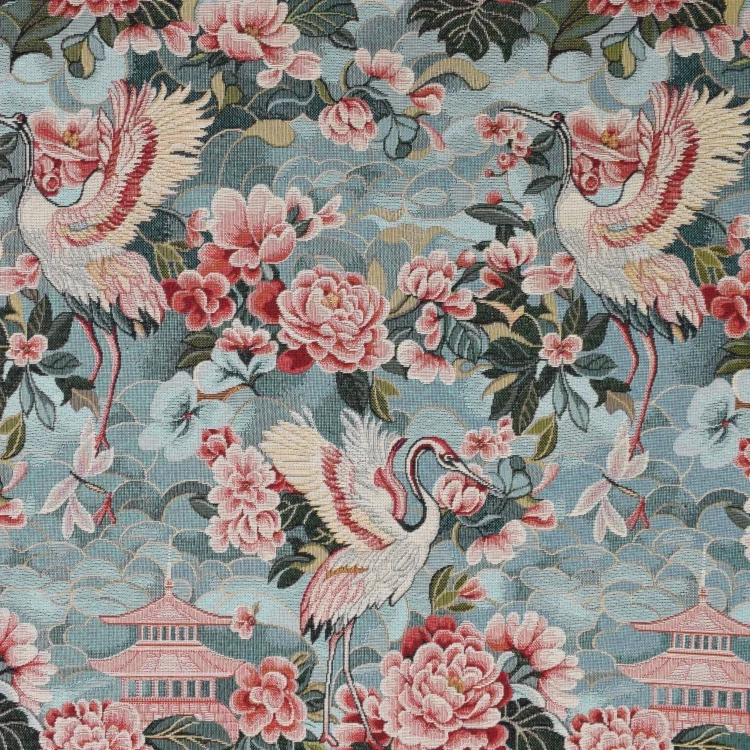 Dekostoff Gobelin Chinese Cranes, hellbau