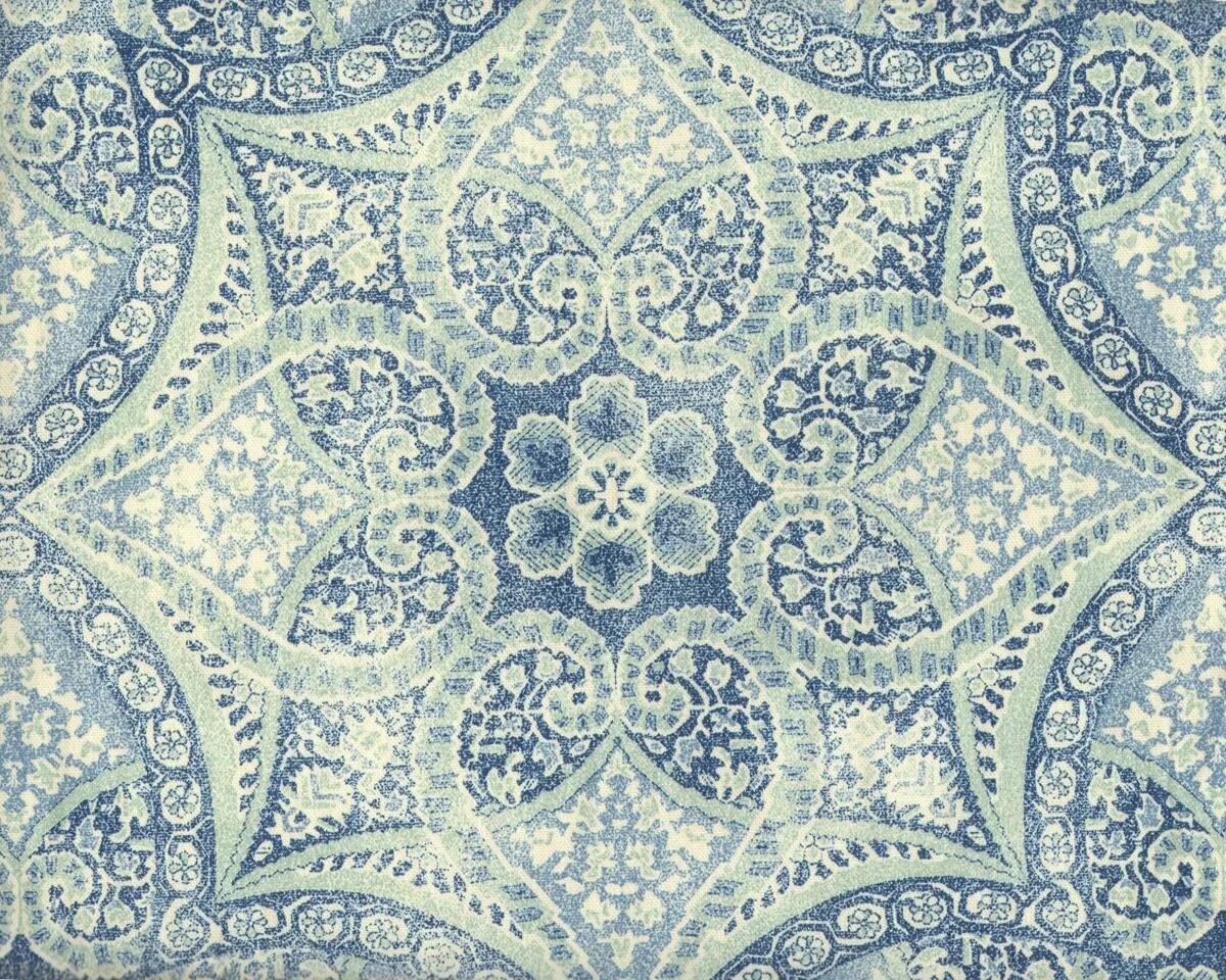 Dekostoff P/Kaufmann ALFRESCO, Siebdruck-Ornament, jeansblau-helles mintgrün