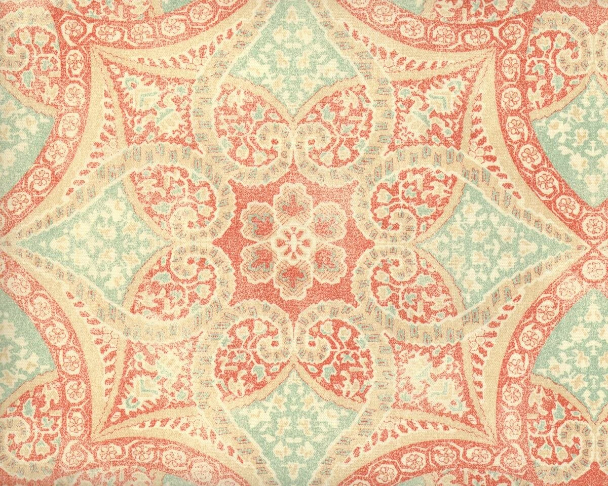 Dekostoff P/Kaufmann ALFRESCO, Siebdruck-Ornament, lachsrot-mintgrün
