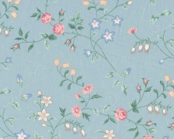 Dekostoff "Romantik" mit zarten Blumen und Röschen, mattes hellblau-rosa-beige