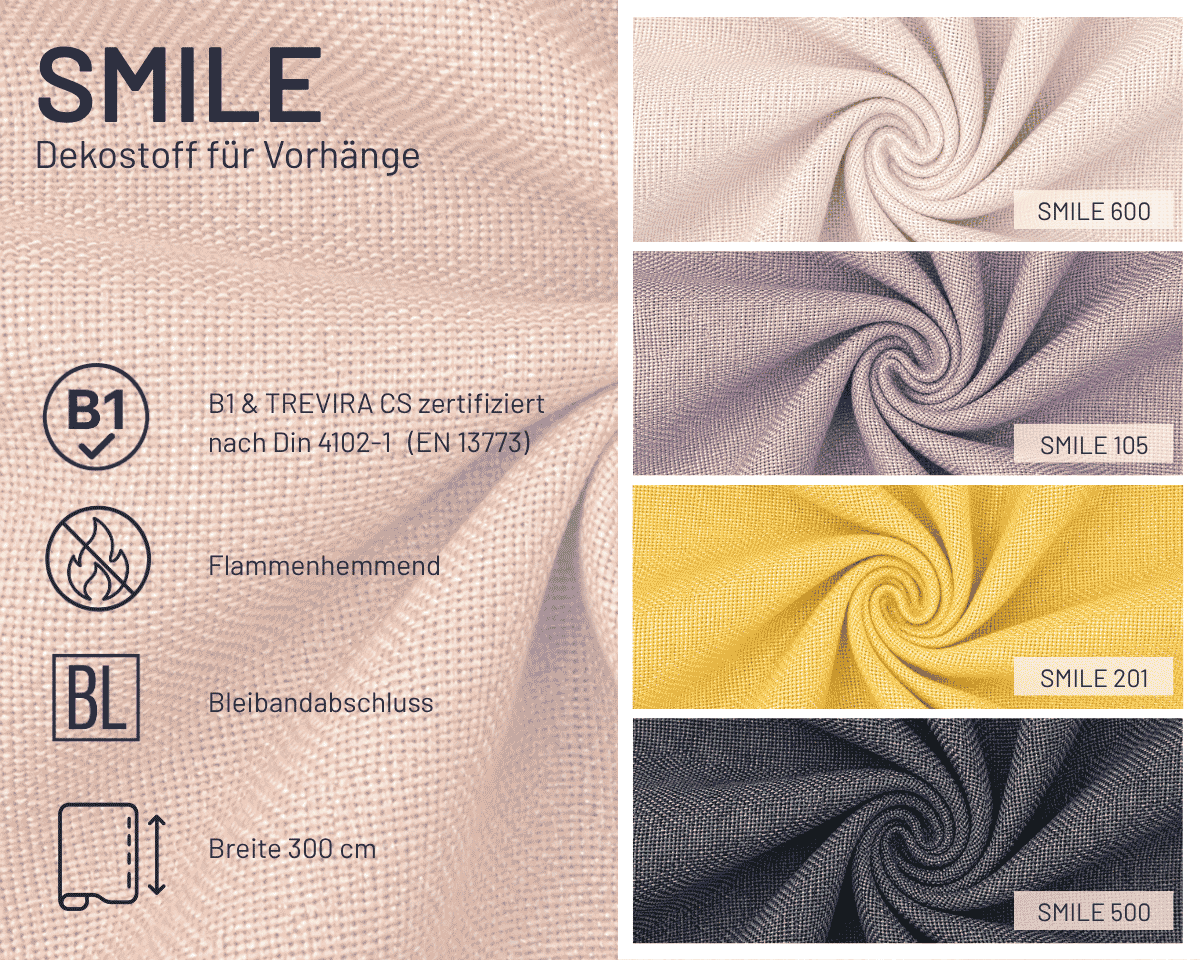 Dekostoff SMILE mit B1-Zertifikat, halbtransparent, Überbreite, Saum & Viebahn