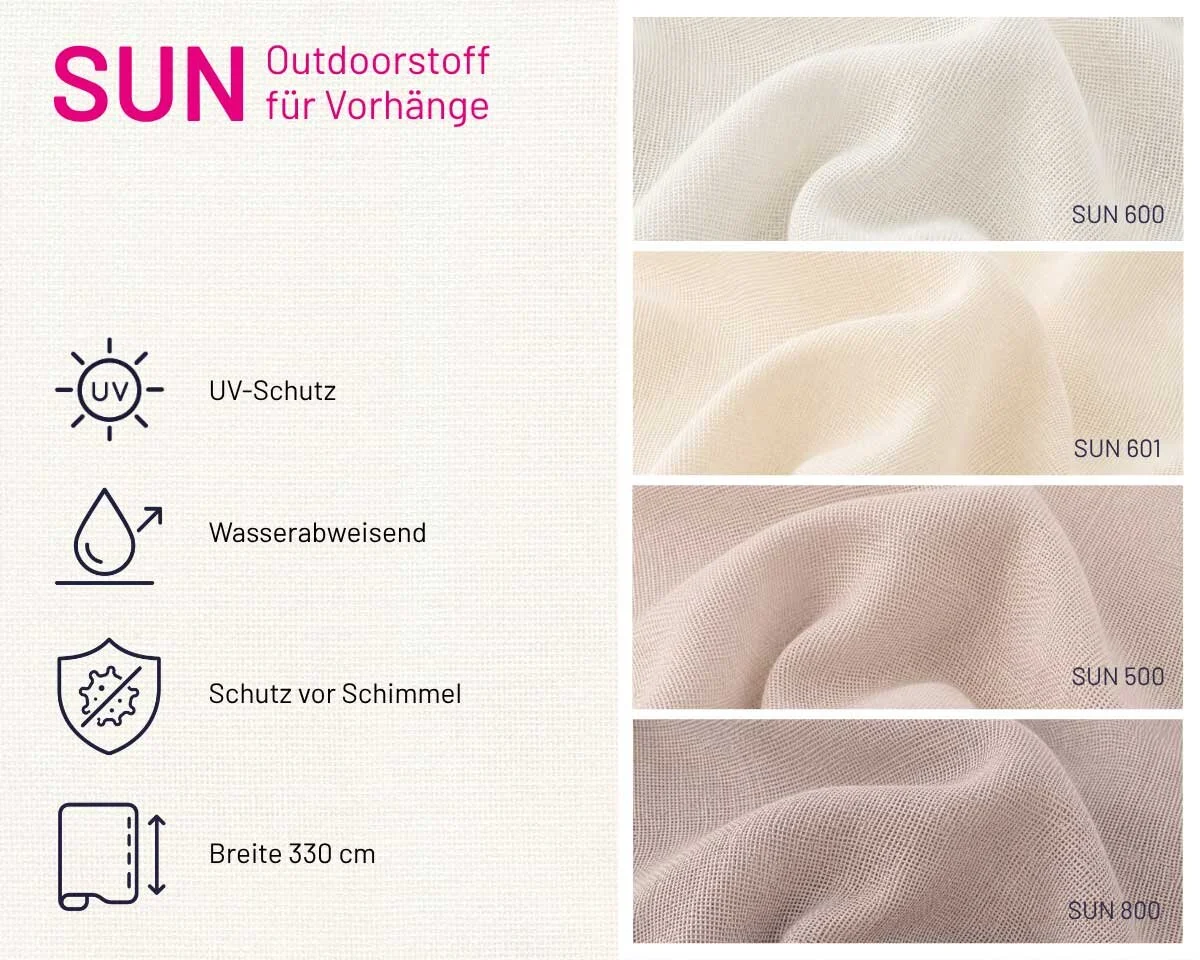 Dekostoff SUN für Outdoor, Überbreite, Saum & Viebahn