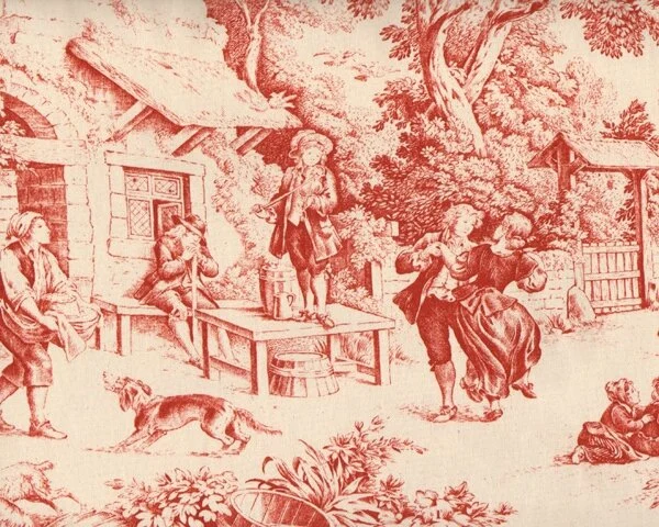 Dekostoff Toile de Jouy FESTIN, Landschaftsidyll, natur-rostrot