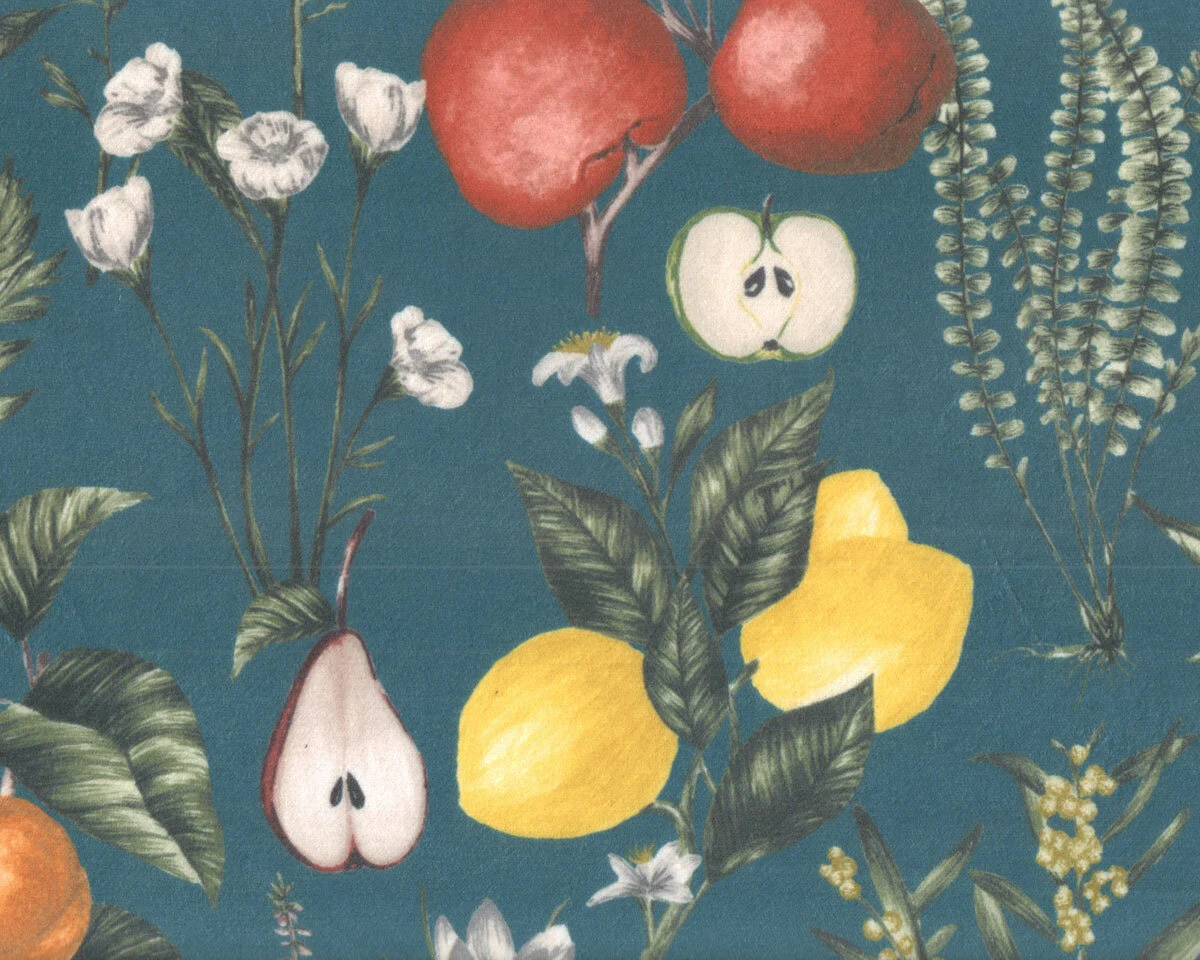 Dekovelourstoff POMARIUM, Obstgarten, petrol, Clarke & Clarke