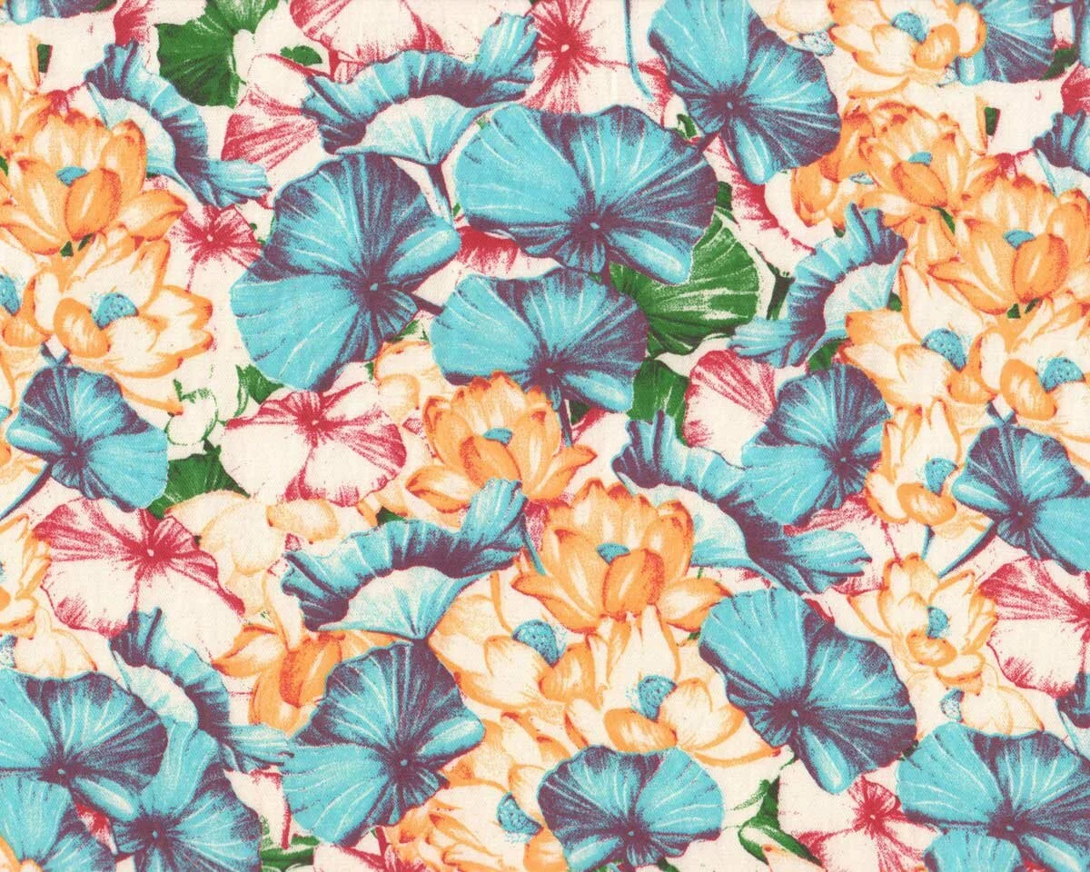 Designer Baumwollstoff MARA, Kelchblüten, maisgelb-petrol
