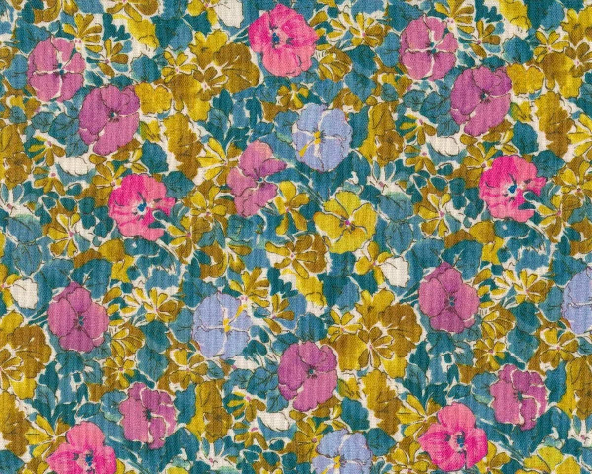 Designer Leinenstoff mit Viskose FIORE, Stiefmütterchen, helllila-fuchsia