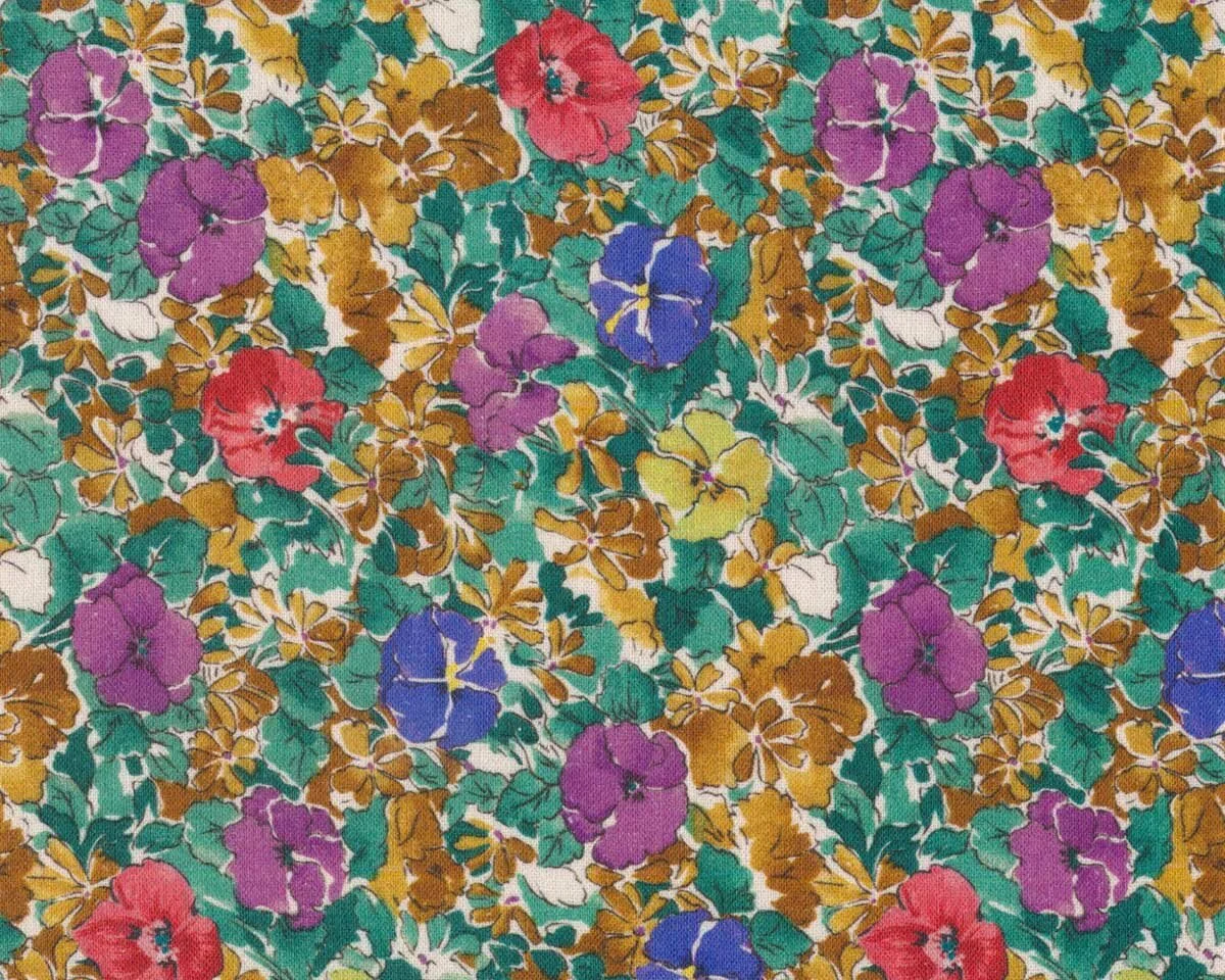 Designer Leinenstoff mit Viskose FIORE, Stiefmütterchen, rot-blau