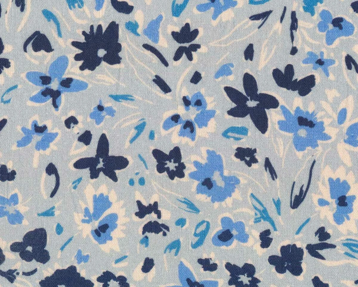 Designer Leinenstoff mit Viskose VIOLA, Blumenwiese, hellblau