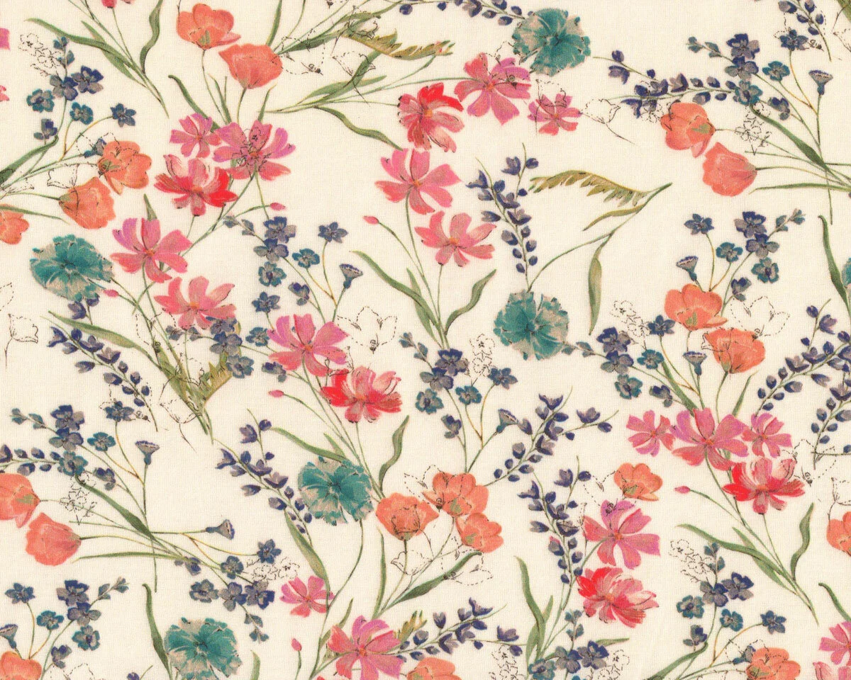 Designer Viskosejersey MARI, Vintage-Blumen, dunkles rosa