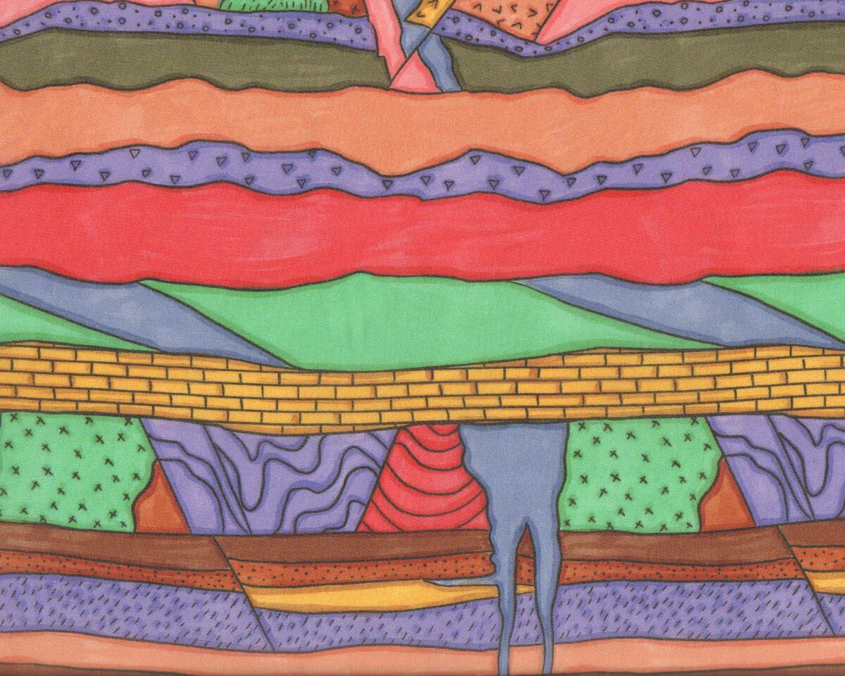 Designer Viskosekreppstoff VAGVOLUPTO, Landschaftsquerschnitt, grün-violett