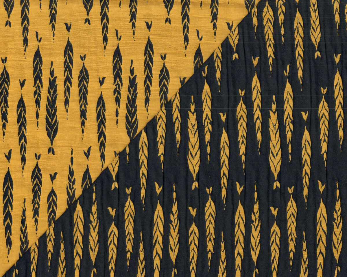 Doubleface-Baumwollstoff mit Plissee, Ähren, marineblau-gelb, Toptex