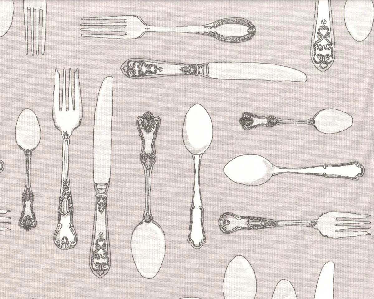 Englischer Dekostoff Clarke & Clarke CUTLERY, Besteck, grau-hellgrau