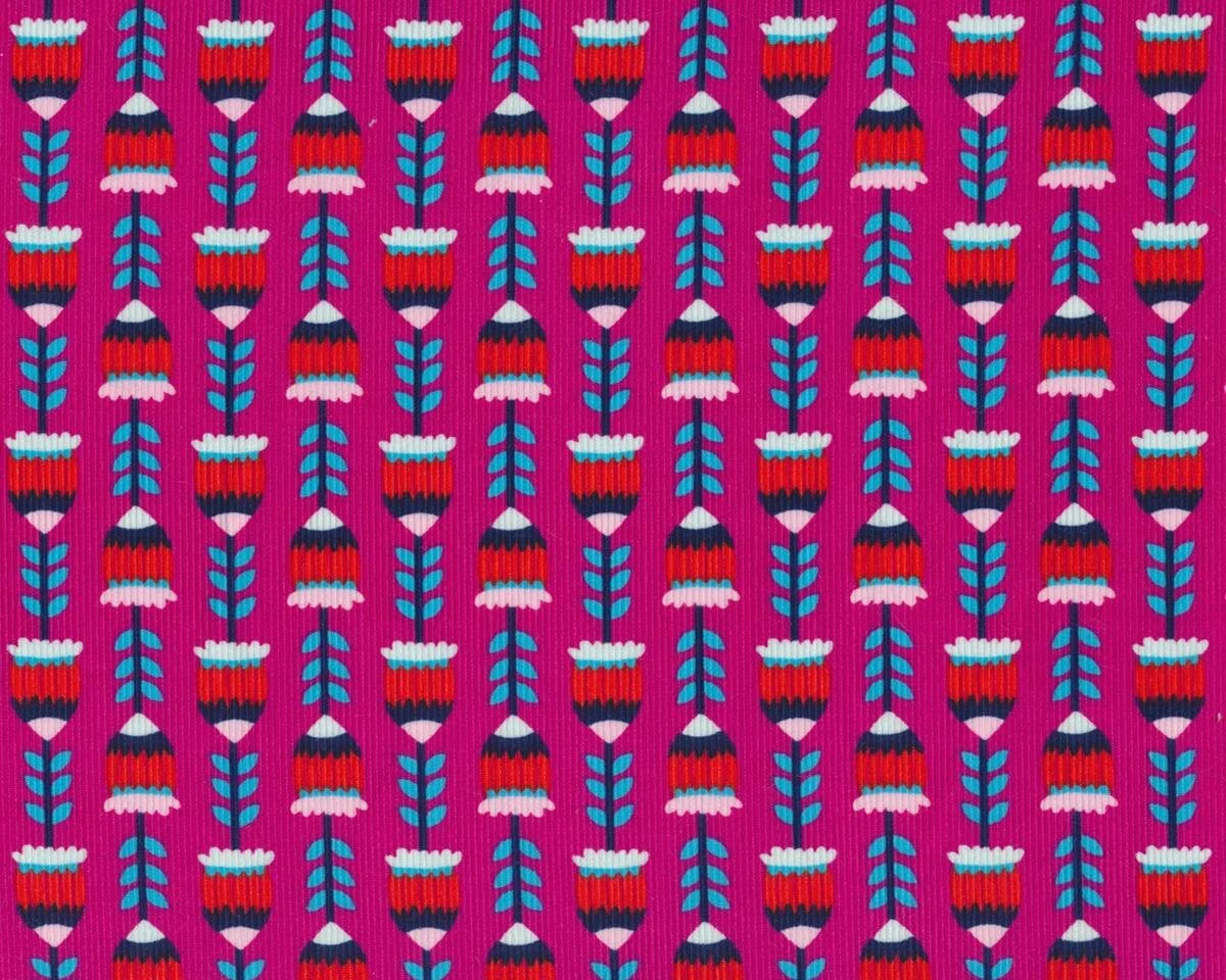 Feincord HARVEST BLOSSOM, Retro-Blumen, fuchsia-rot