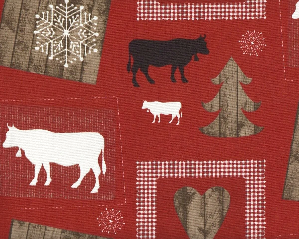 Feiner Baumwoll-Dekostoff WOOL SERGE, Landhausmotive mit Ochsen, rotbraun-weiß