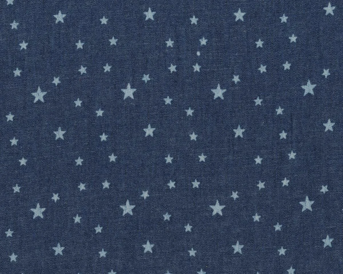 Feiner gemusterter Designer-Jeansstoff aus Italien GOSTAR, Batik-Sterne, gedecktes jeansblau