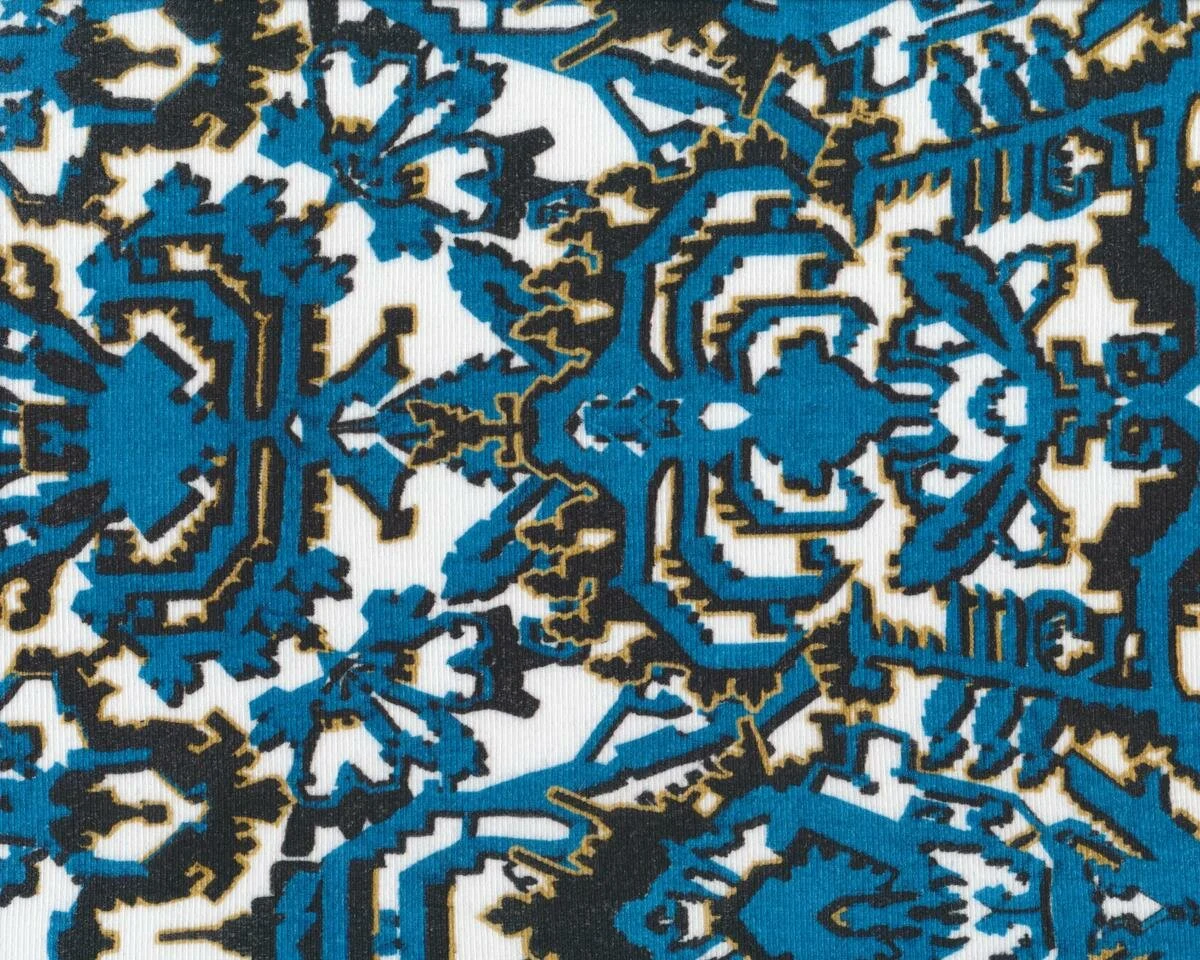 Feiner italienischer Rippen-Baumwoll-Jersey MAYA, Ornamentmuster, mittelblau