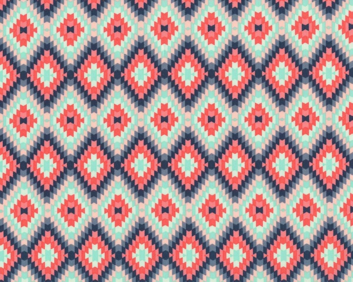 Feiner Popeline-Patchworkstoff RECOLLECTION, Ikat-Rauten, lachsrot-mintgrün