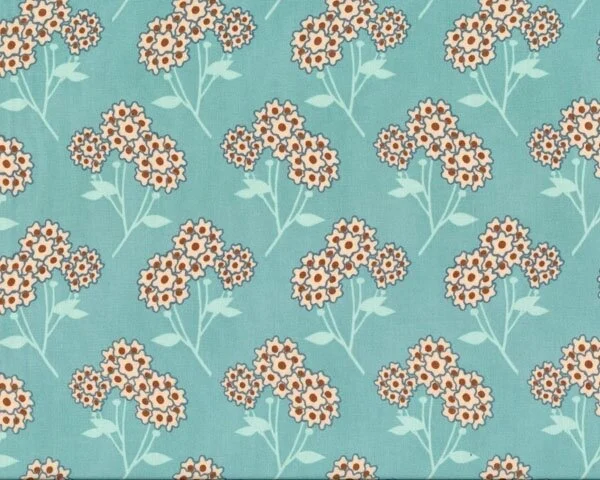 Feiner Popeline-Patchworkstoff "Summerlove" mit feinen Blütendolden, gedecktes türkis-hellbeige-braun