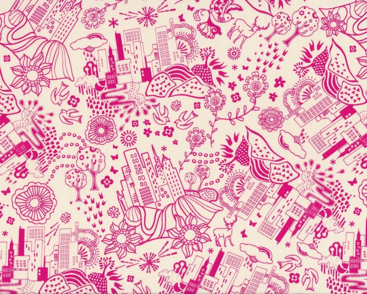 Feiner Popeline-Patchworkstoff UTOPIA, Stadt-Wald, helles beige-pink