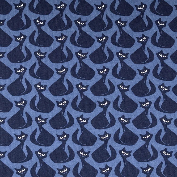 French Terry angeraut Katzen, blau