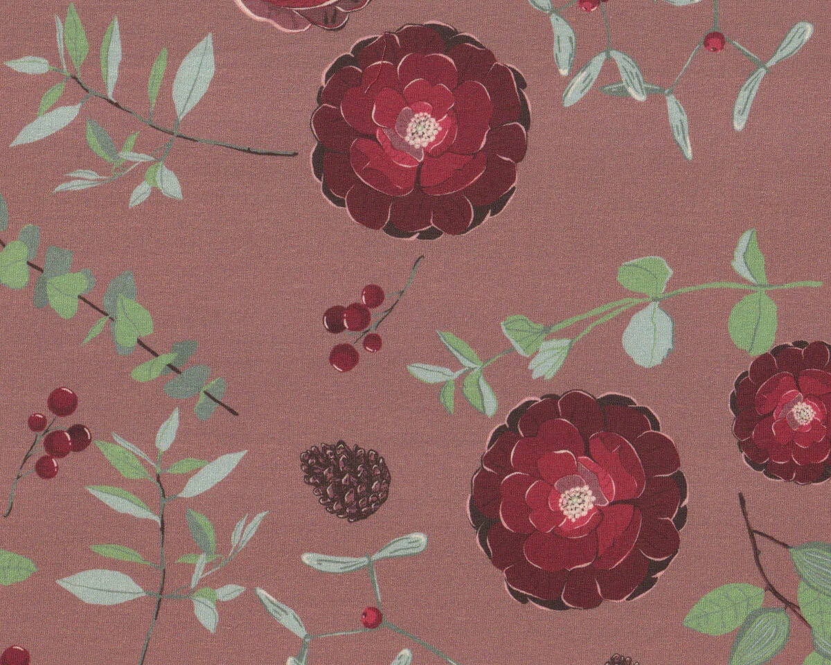 French Terry Sweatstoff YVA, Blumen und Zapfen, dunkles altrosa, bienvenido colorido