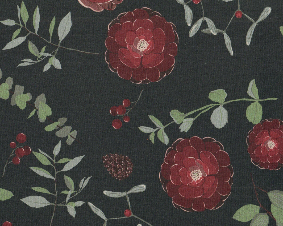 French Terry Sweatstoff YVA, Blumen und Zapfen, schwarz, bienvenido colorido