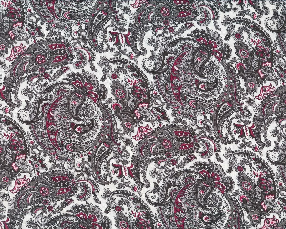 Futterstoff, bedruckter Taft aus Viskose, florale Paisleys, weiß-schwarz