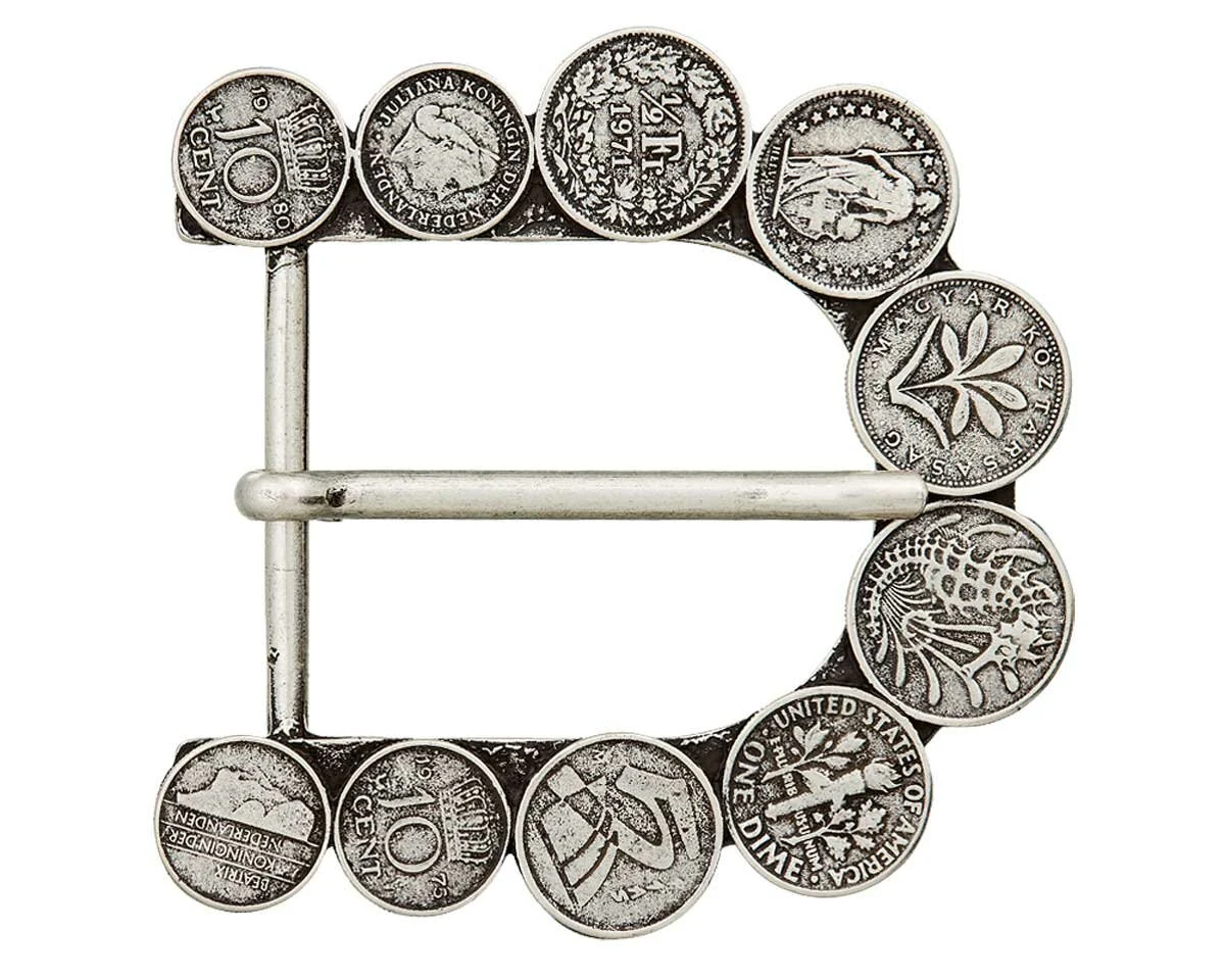 Gürtelschnalle verziert mit Münzen aus Metall, Union Knopf