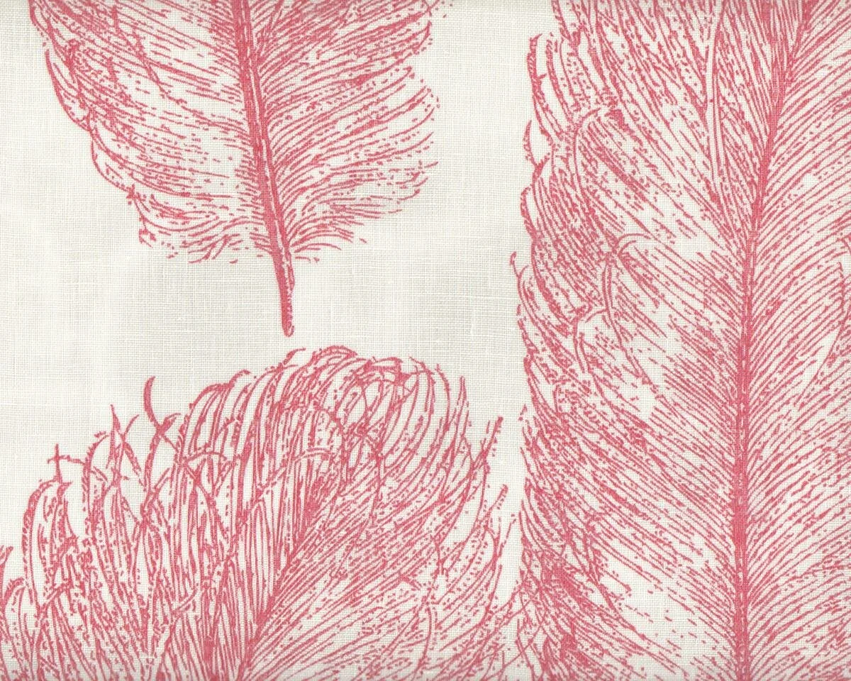 Halbtransparenter Leinen-Dekostoff DUVET VOILIN, große Federn, wollweiß-fuchsia