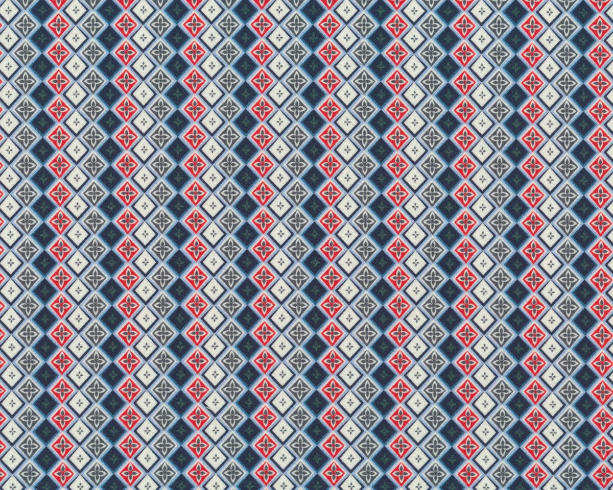 Hosenstoff Baumwoll-Stretch KOBE, Blütenrauten, rot-blau