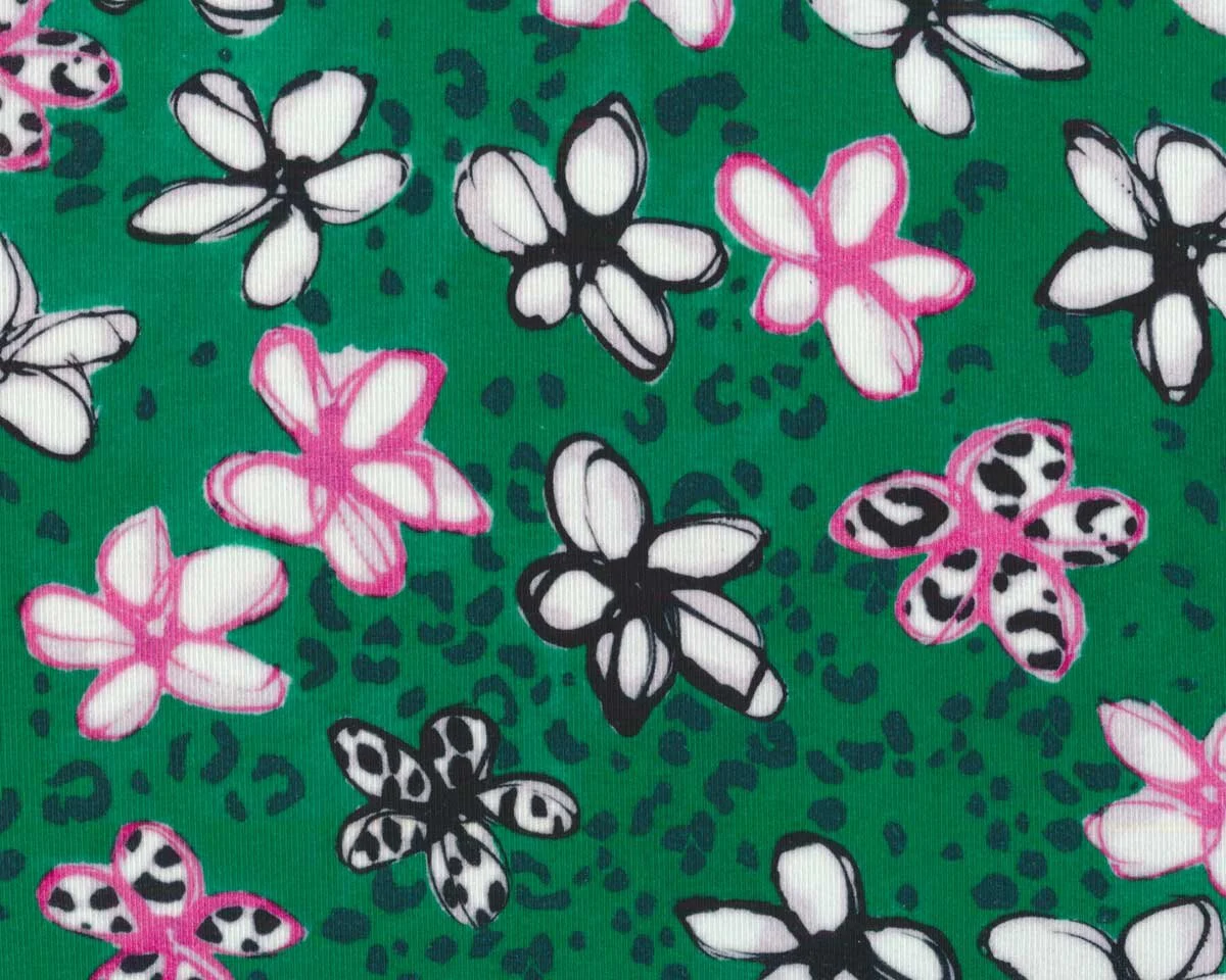 Italienischer Feinripp-Jersey LISSY, Comic-Blüten, grün-pink