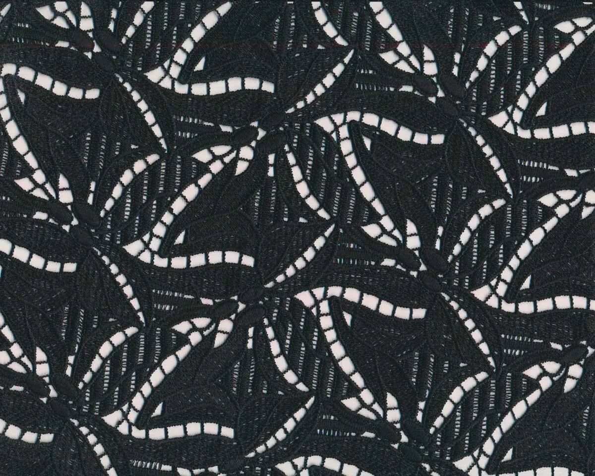 Italienischer Spitzenstoff MAWI, Blattdesign, schwarz