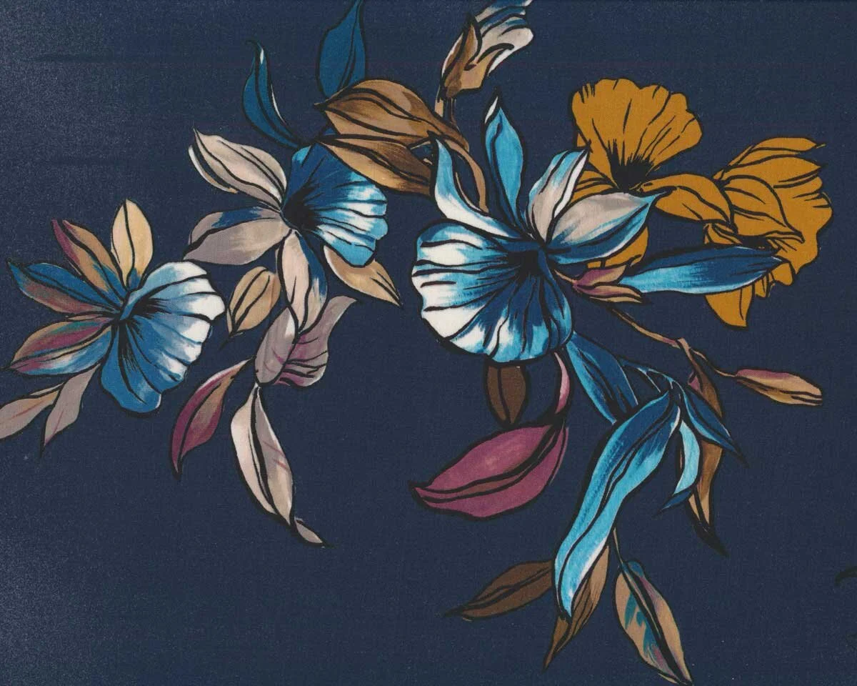 Italienischer Viskosestoff CARIBBEAN, großer Blütenprint, blau-braun