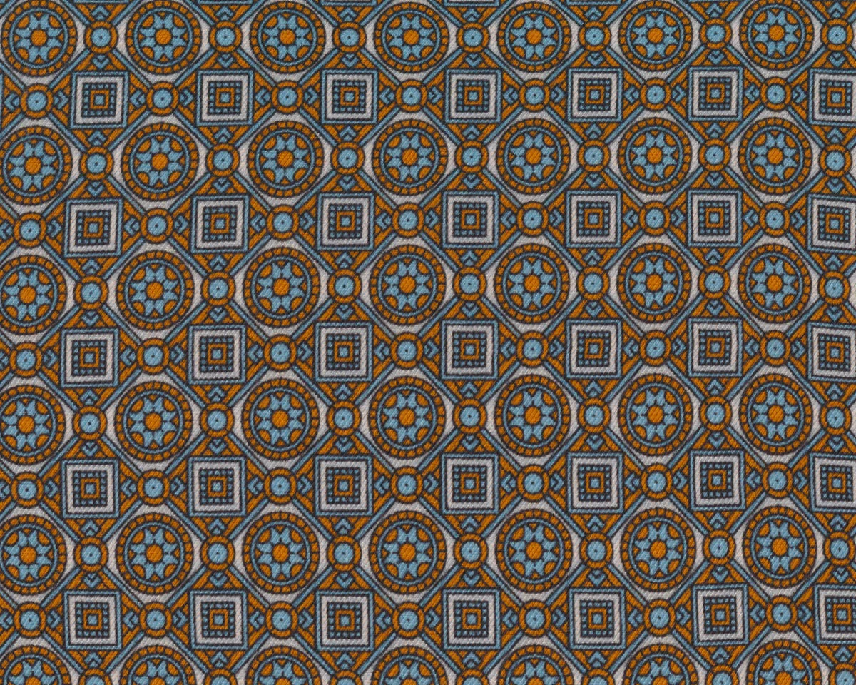 Italienischer Viskosetwillstoff CINZIA, Medaillon-Rautenmuster, hellblau-orange